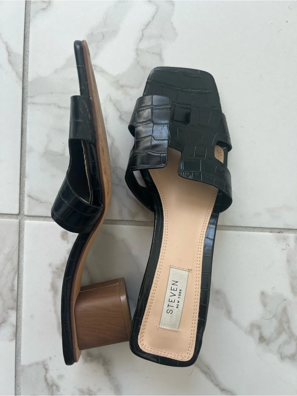 Steven by Steve Madden Black Croc-Embossed Slide Mules